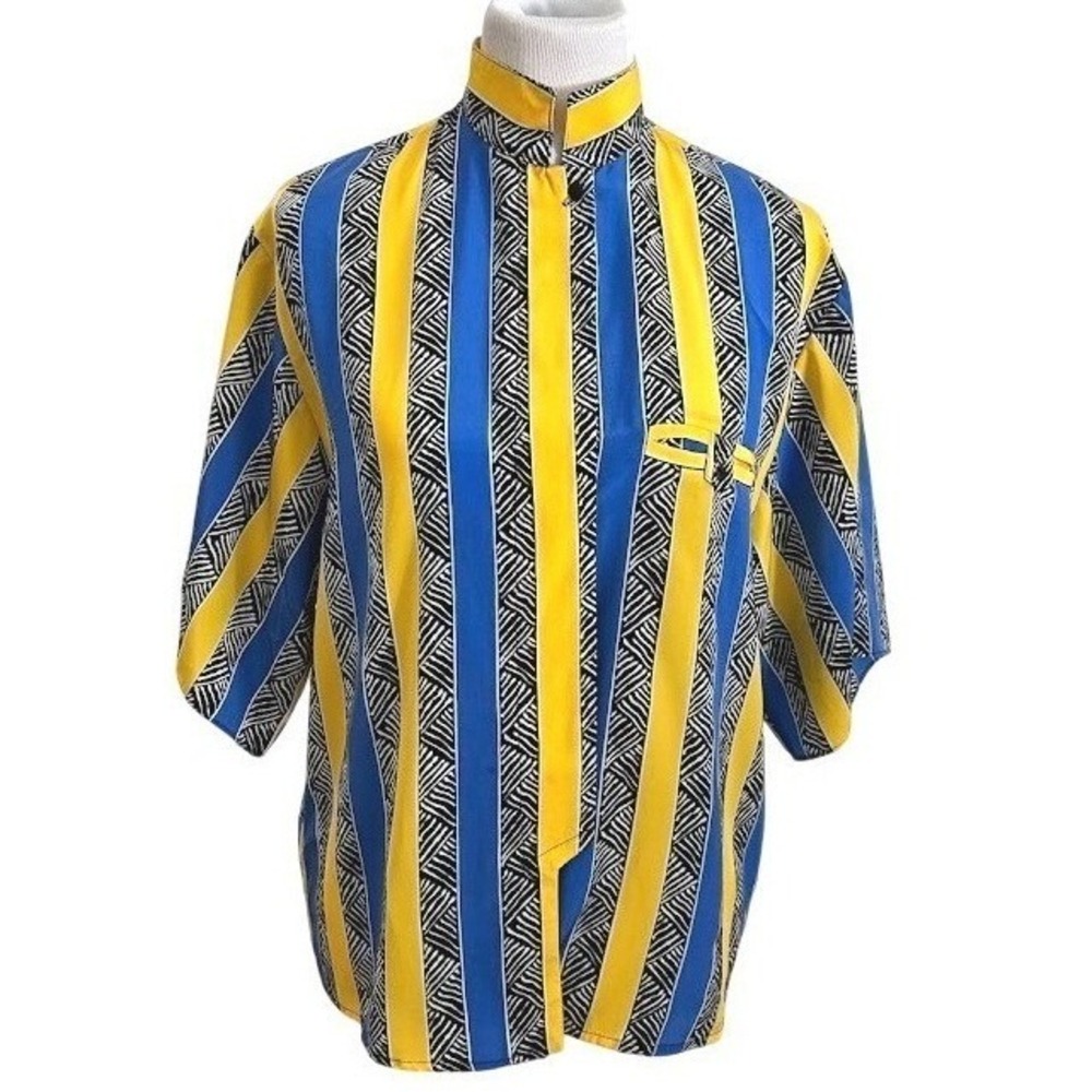 Vintage 1990's Blue Yellow Stripe Short Sleeve Shirt Size XL Vibrant Bold - Picture 2 of 7